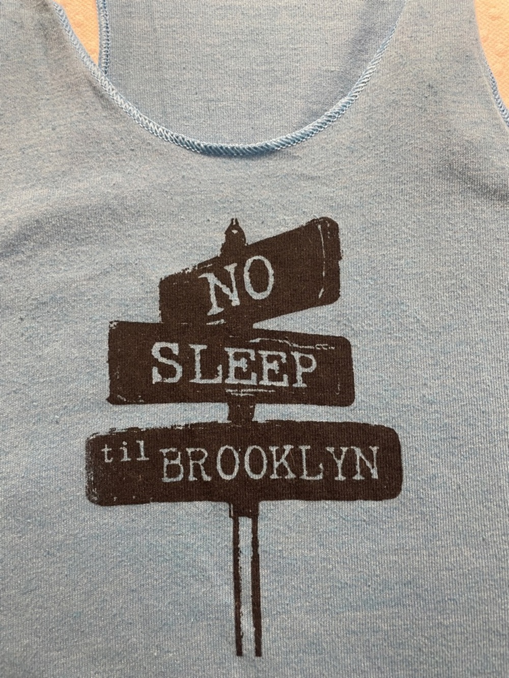 Vintage Light Blue Tank Top with 'NO SLEEP til BROOKLYN' Graphic small